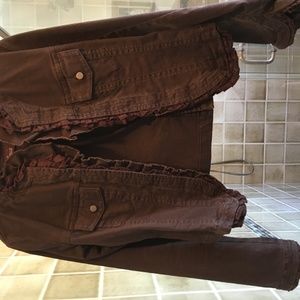 LOUIE Brown Jean Jacket with Ruffled Collar and Cuffs; Size 0